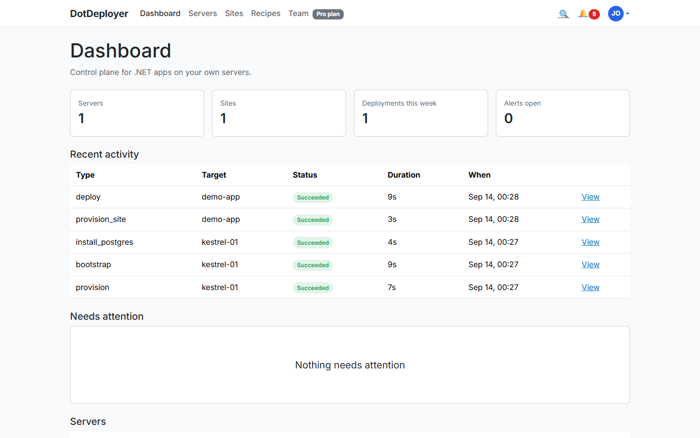 The DotDeployer dashboard showing servers, sites, recent activity and a healthy server