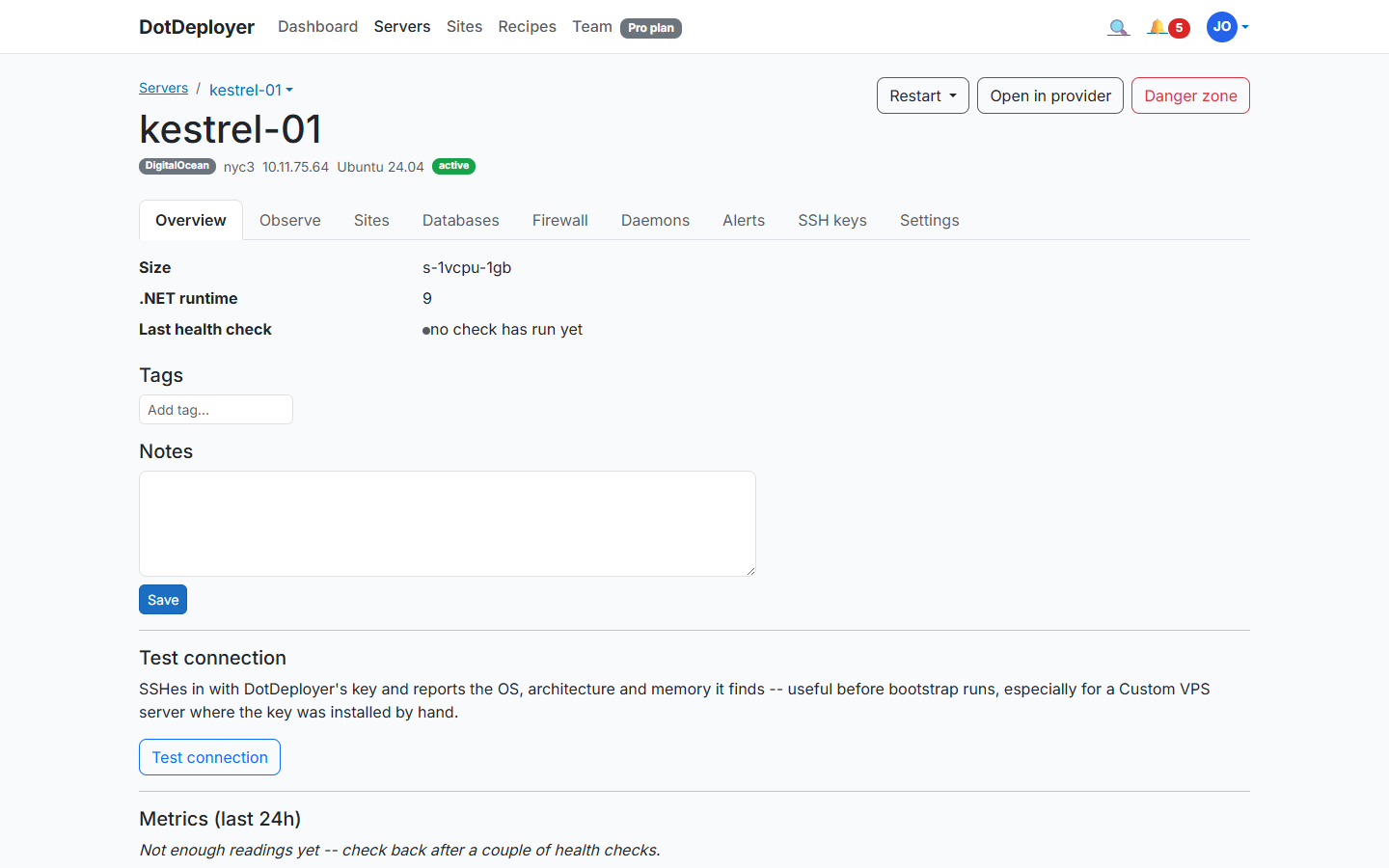 The DotDeployer Server overview tab showing health, CPU, memory and disk usage