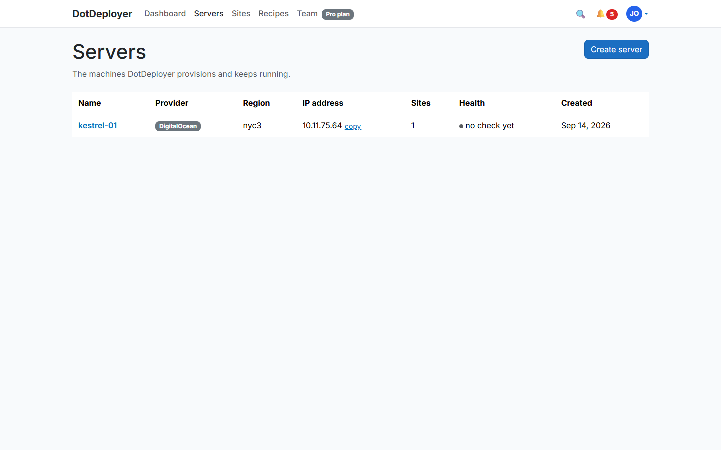The DotDeployer Servers screen