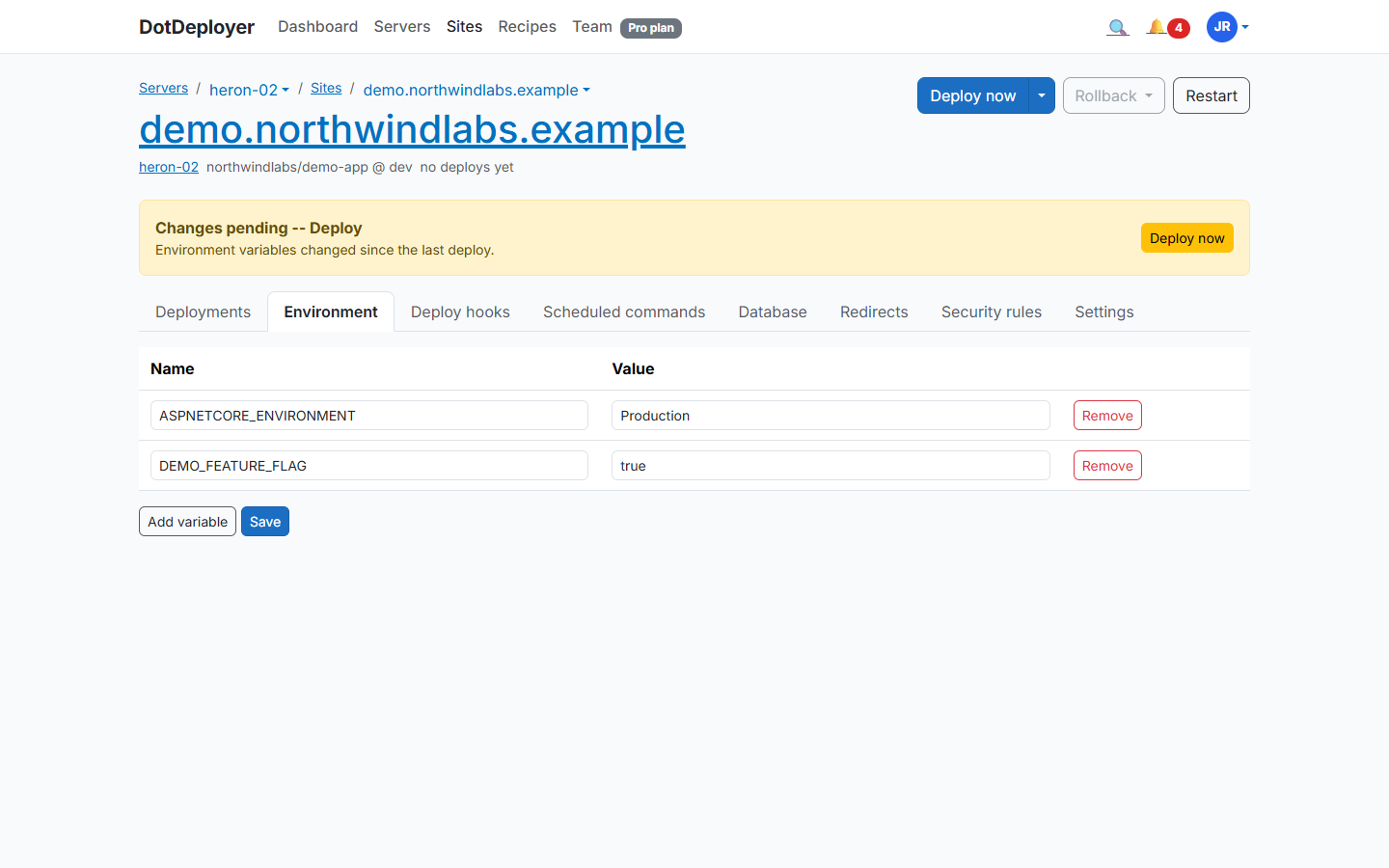 A site's Environment variables screen