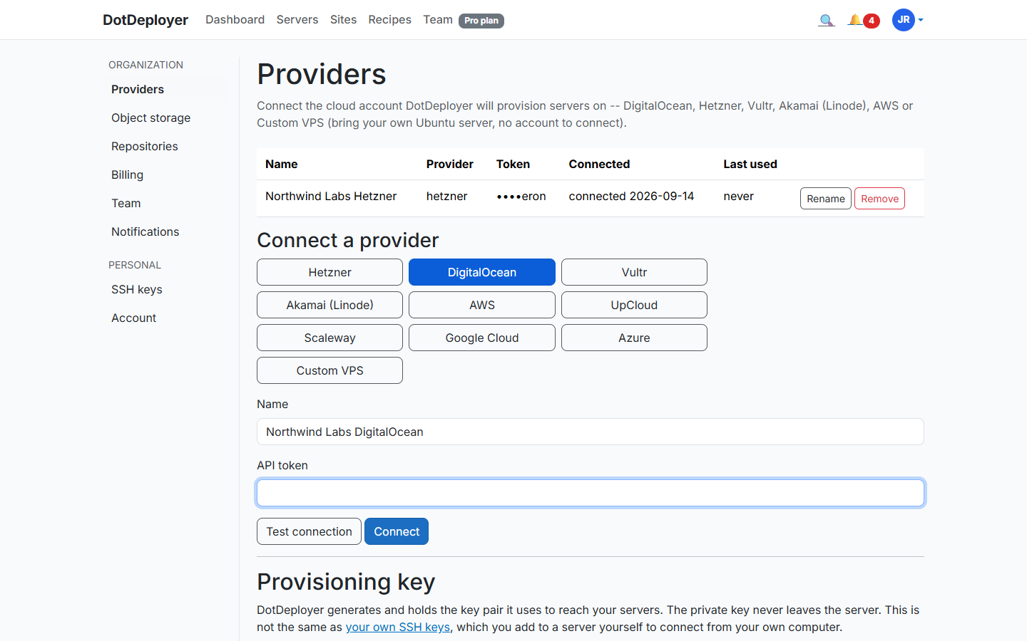 The DotDeployer Settings → Providers screen with UpCloud connected